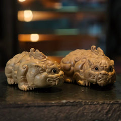Boxwood Pixiu Pair – Hand-Carved Crouching Wealth Guardians