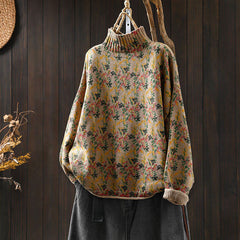 Rest Nest Knitted Plant Pattern Long Sleeve Mock Neck Women's Cotton Sweater