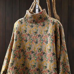Rest Nest Knitted Plant Pattern Long Sleeve Mock Neck Women's Cotton Sweater