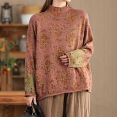 Rest Nest Fall Printing Floral Long Sleeve Mock Neck Women's Knitted Sweater