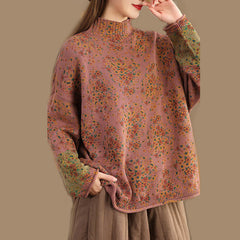 Rest Nest Fall Printing Floral Long Sleeve Mock Neck Women's Knitted Sweater