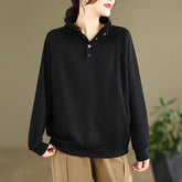 Rest Nest Fall Solid Stand Collar Buttons Design Long Sleeve Women's Cotton Sweatshirt