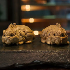 Boxwood Pixiu Pair – Hand-Carved Crouching Wealth Guardians