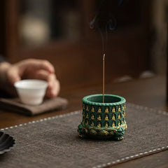 Thousand Buddha Lotus Gilded Incense Holder | Azure Sandstone Zen Decor