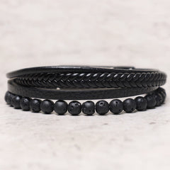 Rest Nest Natural Lava Rock Black Onyx Bead Leather Bracelet