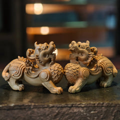 Boxwood Pixiu Statue Pair – Hand-Carved Coin Wealth Guardians