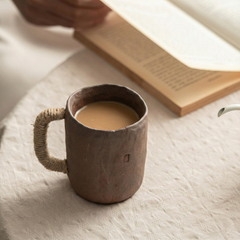 Shaolin "Raw Earth" Artisan Mug: Hand-Pinched Stoneware with Rustic Rope Handle