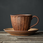 Rustic Earthenware Cup & Saucer Set – Vintage Ceramic Mug with Handcrafted Texture, 8.1 oz