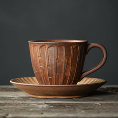 Rustic Earthenware Cup & Saucer Set – Vintage Ceramic Mug with Handcrafted Texture, 8.1 oz