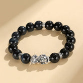 999 Silver-Plated Pixiu Black Agate Beaded Bracelet | Adjustable Eastern-Inspired Symbol Bracelet