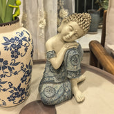 Sleeping Buddha Statue with Floral Robe Details – Antique Blue Grey Meditation Sculpture for Home Decor