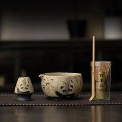 Antique Ceramic Matcha Set with 100-Prong Whisk – 4-Piece Cat & Panda Tea Ritual Kit