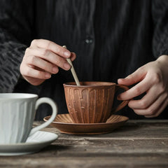 Rustic Earthenware Cup & Saucer Set – Vintage Ceramic Mug with Handcrafted Texture, 8.1 oz