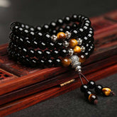 ShaoLin Black Obsidian Tiger Eye Blessing Mala Bracelet | 108 Bead Meditation Mala