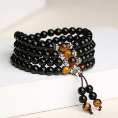 ShaoLin Black Obsidian Tiger Eye Blessing Mala Bracelet | 108 Bead Meditation Mala