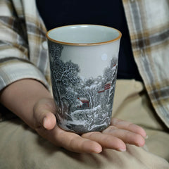 Winter Solitude Ru Ware Relief Cup – Mountain & River Landscape