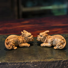 Boxwood Pixiu Pair – Hand-Carved Male & Female Wealth Guardians