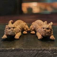 Boxwood Pixiu Pair – Hand-Carved Male & Female Wealth Guardians