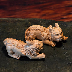 Boxwood Pixiu Pair – Hand-Carved Male & Female Wealth Guardians
