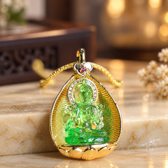 Green Tara Liu Li Glass Pendant – Copper Zircon Amulet Necklace