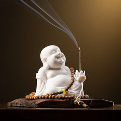 Ceramic Laughing Buddha Incense Holder with Weathered Wood Base