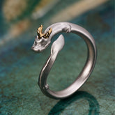 925 Sterling Silver Dragon Ring – Sculpted Adjustable Band with Gold-Tone Horns