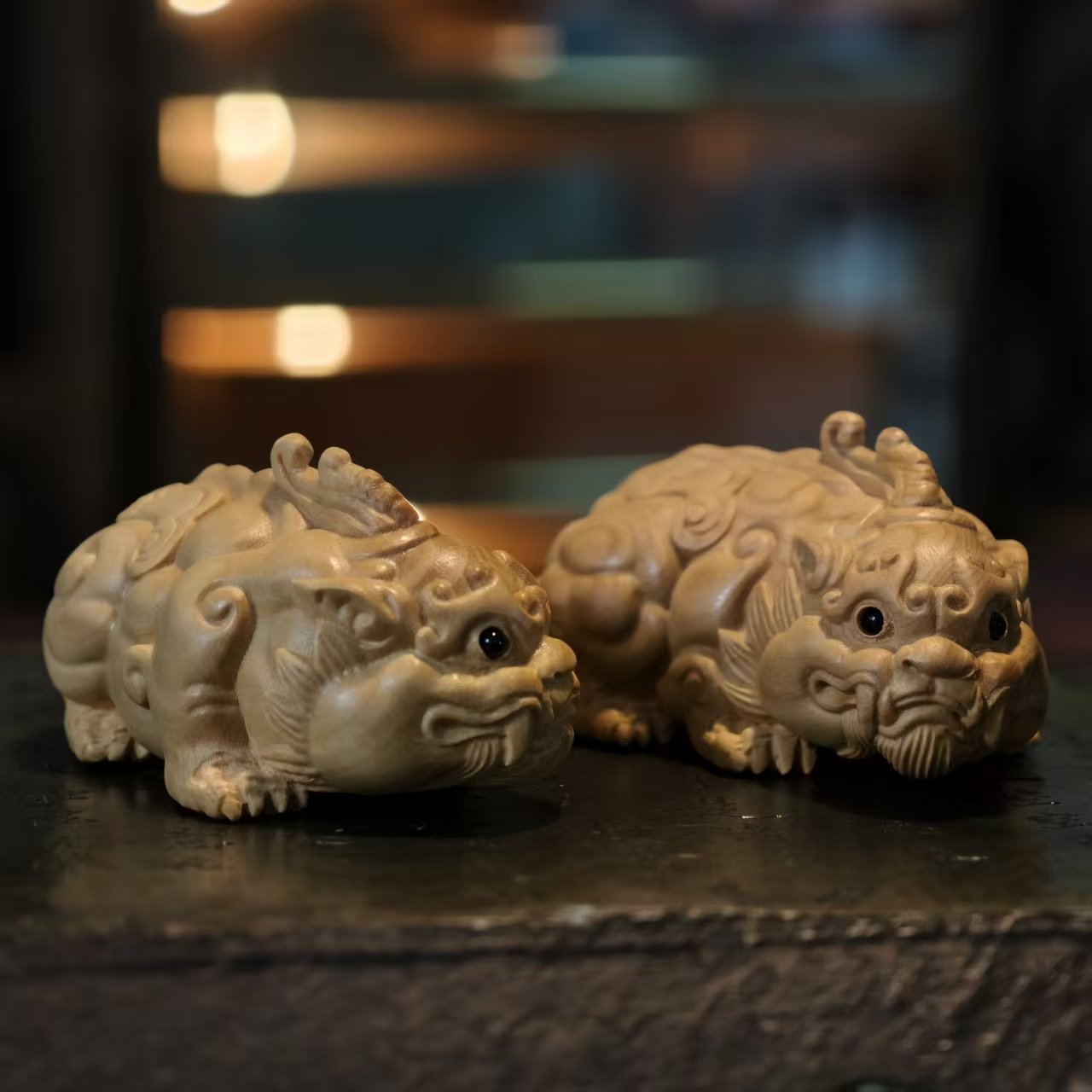 Boxwood Pixiu Pair – Hand-Carved Crouching Wealth Guardians