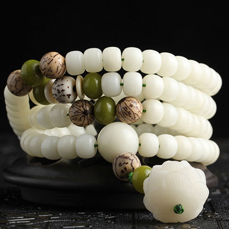 Rest Nest White Jade Bodhi Lotus Mala Harmony Necklace Bracelet