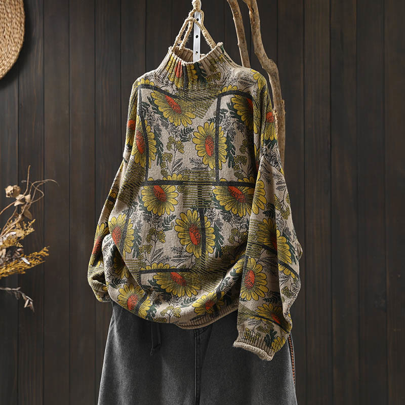 Rest Nest Sunflower Pattern Mock Neck Long Sleeve Women's Cotton Sweater