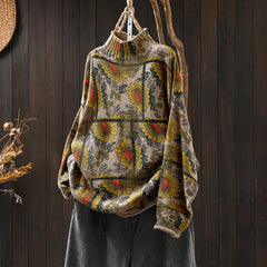 Rest Nest Sunflower Pattern Mock Neck Long Sleeve Women's Cotton Sweater