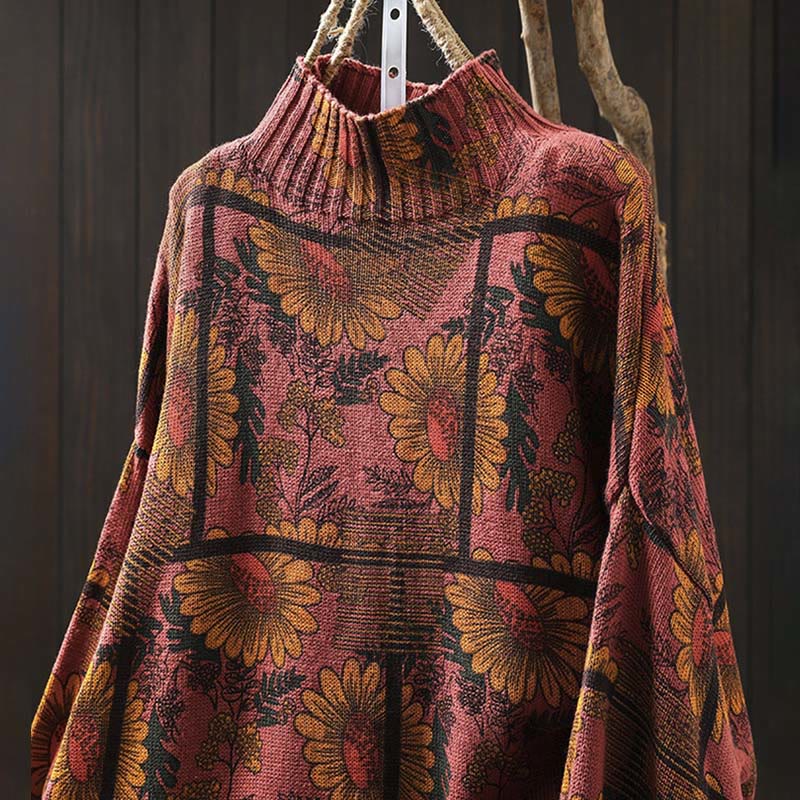 Rest Nest Sunflower Pattern Mock Neck Long Sleeve Women's Cotton Sweater