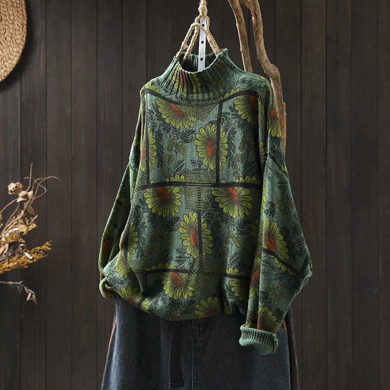 Rest Nest Sunflower Pattern Mock Neck Long Sleeve Women's Cotton Sweater