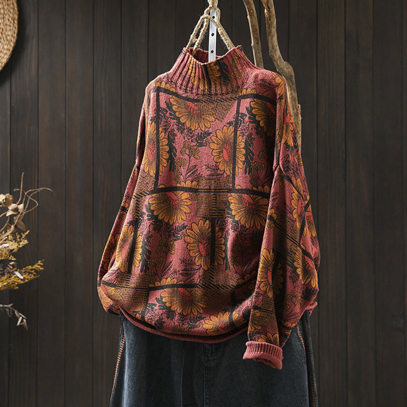 Rest Nest Sunflower Pattern Mock Neck Long Sleeve Women's Cotton Sweater