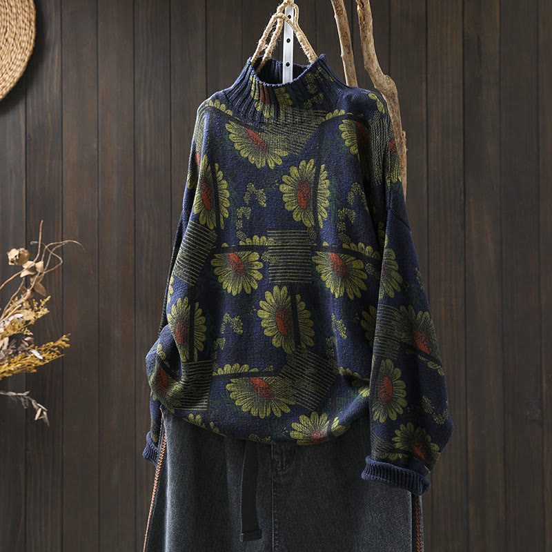 Rest Nest Sunflower Pattern Mock Neck Long Sleeve Women's Cotton Sweater