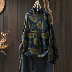 Rest Nest Sunflower Pattern Mock Neck Long Sleeve Women's Cotton Sweater