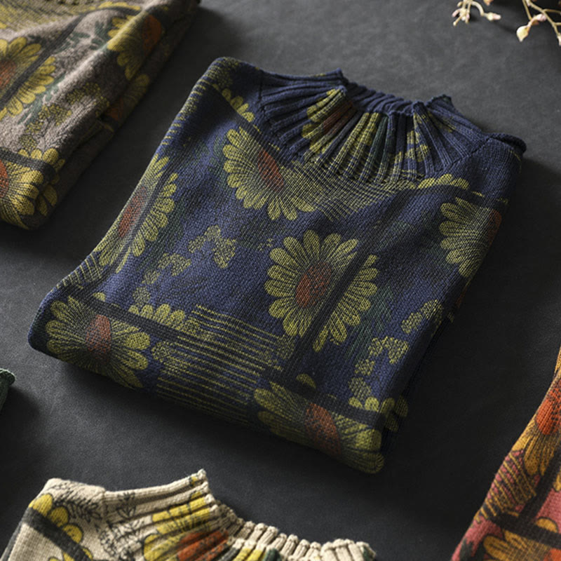 Rest Nest Sunflower Pattern Mock Neck Long Sleeve Women's Cotton Sweater
