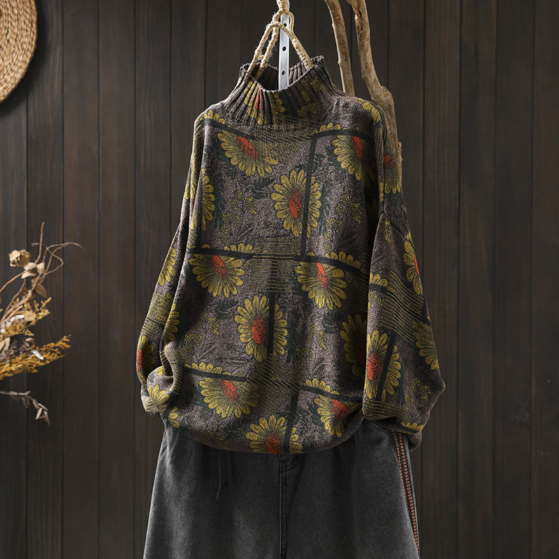 Rest Nest Sunflower Pattern Mock Neck Long Sleeve Women's Cotton Sweater