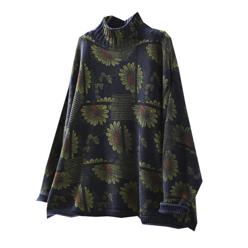 Rest Nest Sunflower Pattern Mock Neck Long Sleeve Women's Cotton Sweater