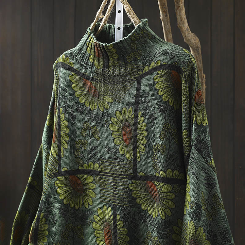 Rest Nest Sunflower Pattern Mock Neck Long Sleeve Women's Cotton Sweater