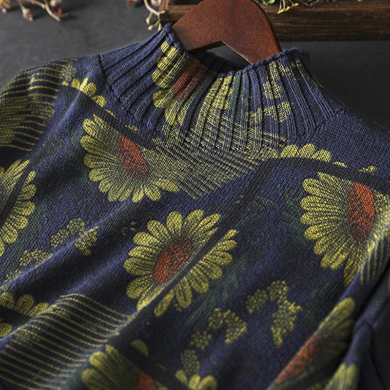 Rest Nest Sunflower Pattern Mock Neck Long Sleeve Women's Cotton Sweater