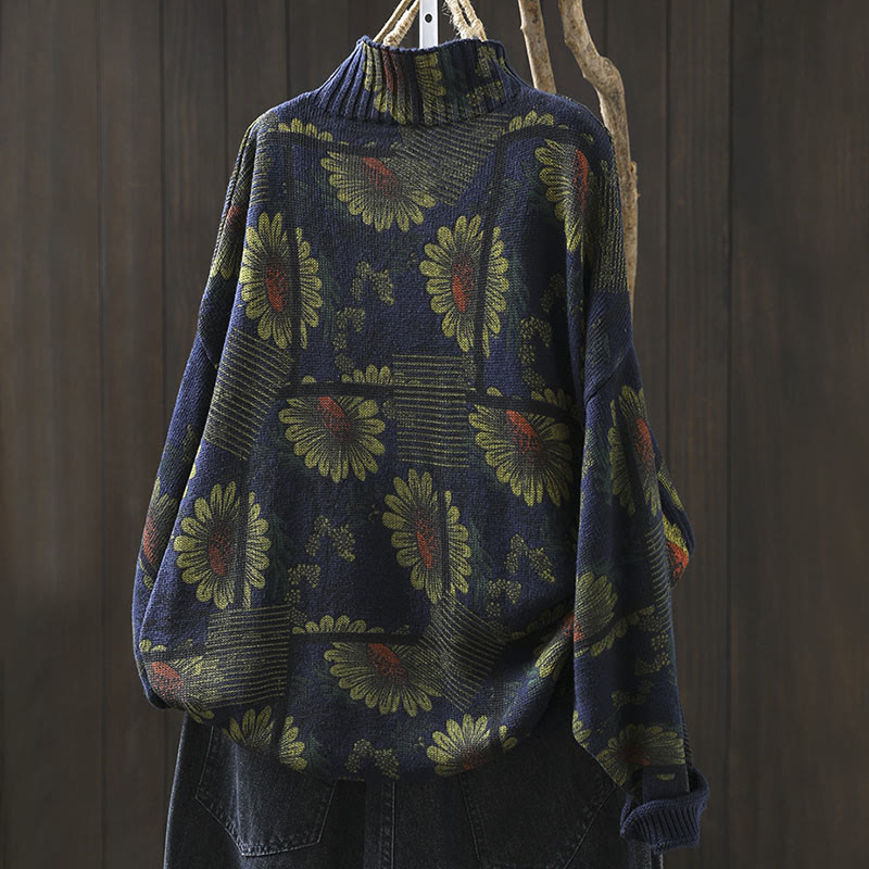 Rest Nest Sunflower Pattern Mock Neck Long Sleeve Women's Cotton Sweater