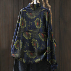 Rest Nest Sunflower Pattern Mock Neck Long Sleeve Women's Cotton Sweater