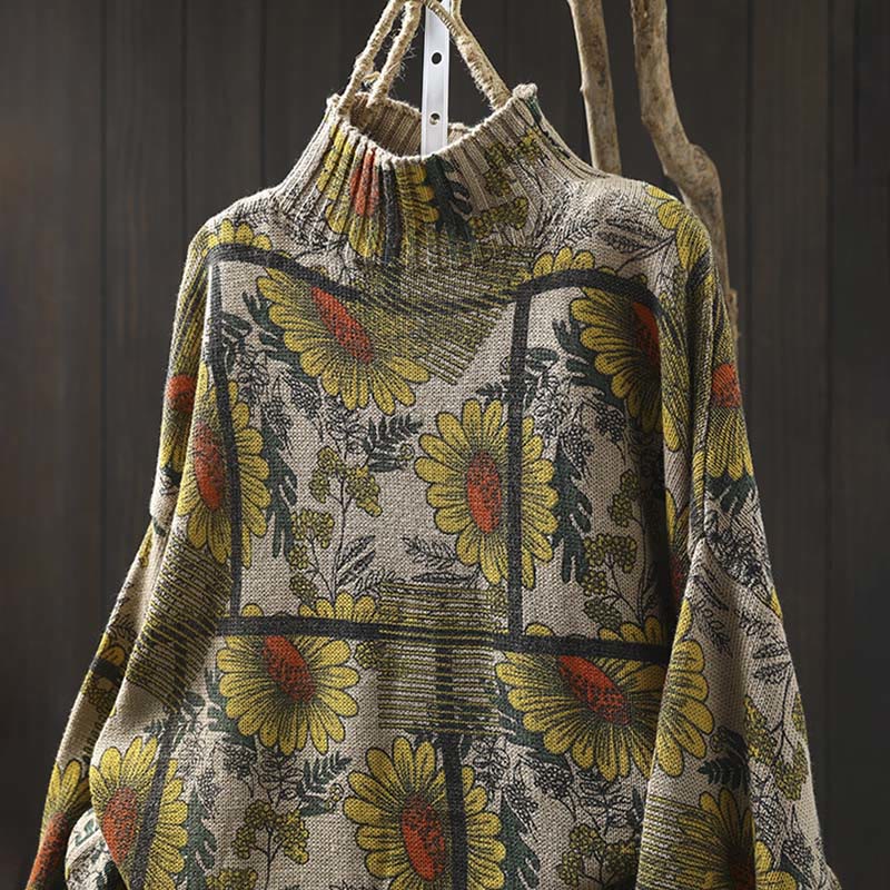 Rest Nest Sunflower Pattern Mock Neck Long Sleeve Women's Cotton Sweater
