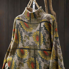 Rest Nest Sunflower Pattern Mock Neck Long Sleeve Women's Cotton Sweater