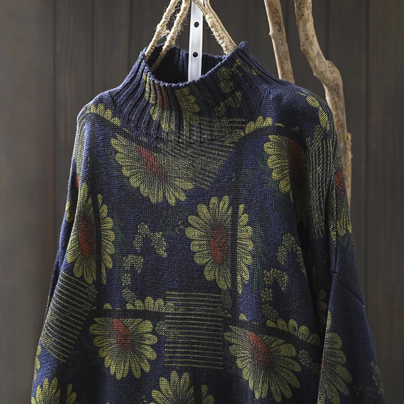 Rest Nest Sunflower Pattern Mock Neck Long Sleeve Women's Cotton Sweater
