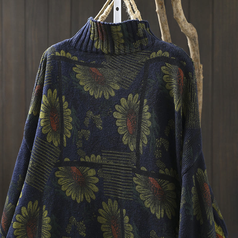 Rest Nest Sunflower Pattern Mock Neck Long Sleeve Women's Cotton Sweater