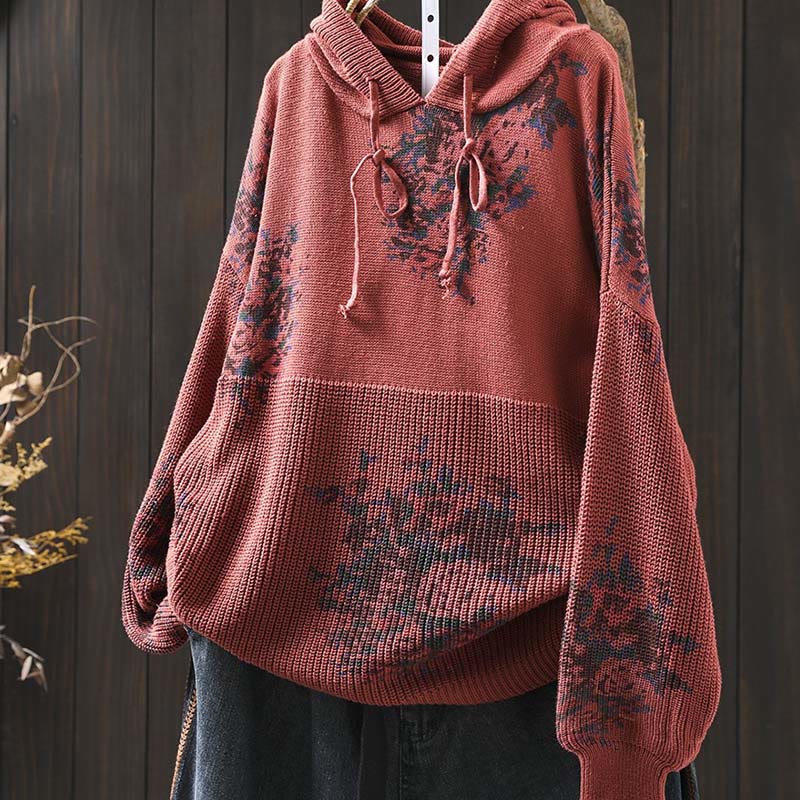Rest Nest Women's Knitted Floral Long Sleeve Hooded Sweater