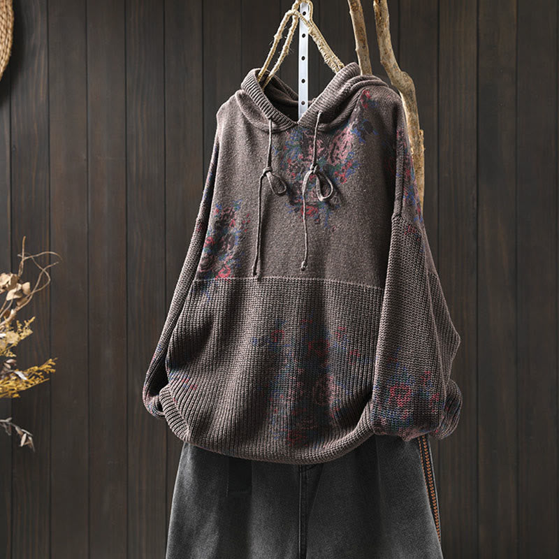 Rest Nest Women's Knitted Floral Long Sleeve Hooded Sweater