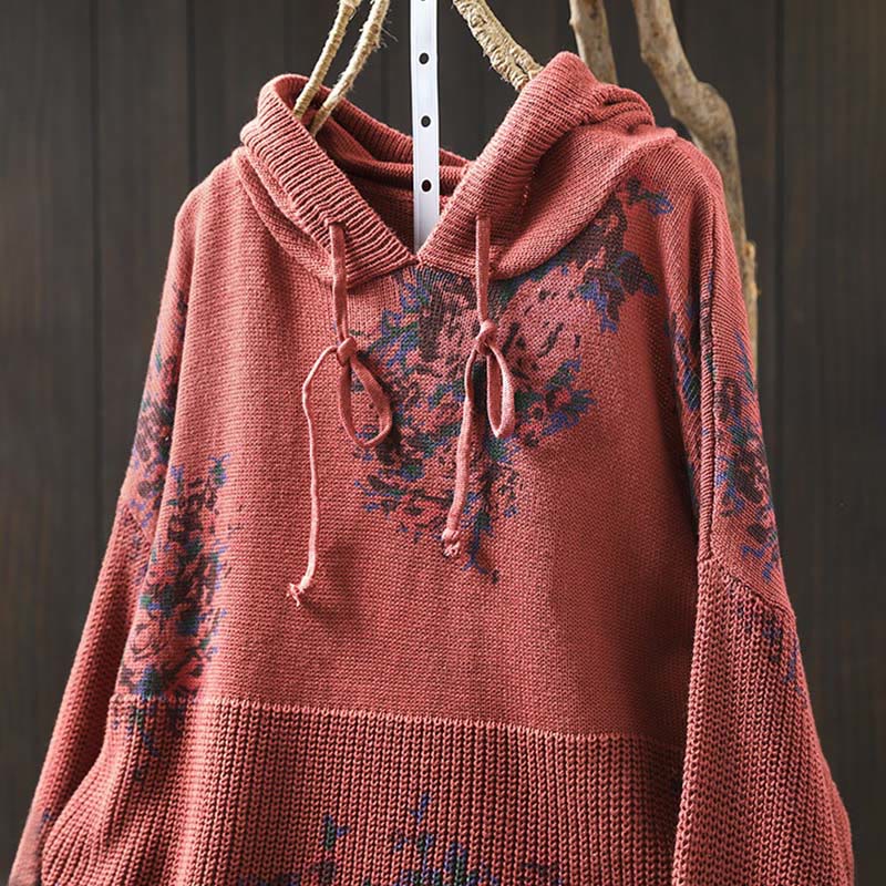 Rest Nest Women's Knitted Floral Long Sleeve Hooded Sweater