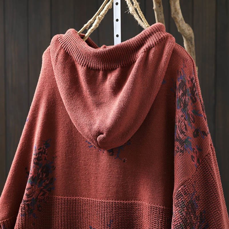 Rest Nest Women's Knitted Floral Long Sleeve Hooded Sweater